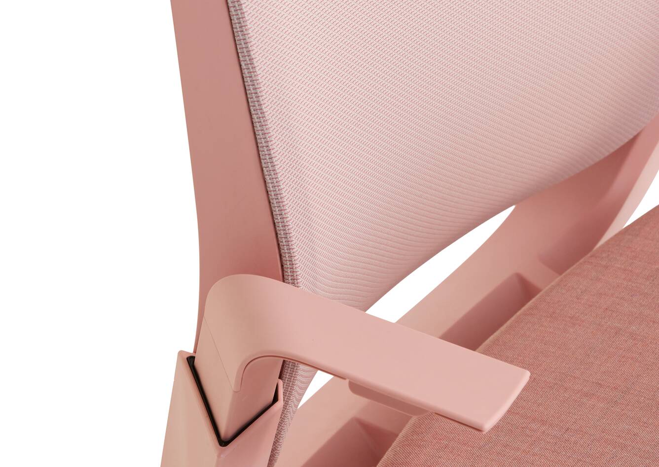 Ahrend Remode office chair in pink with netweave seat and back front left top detail view