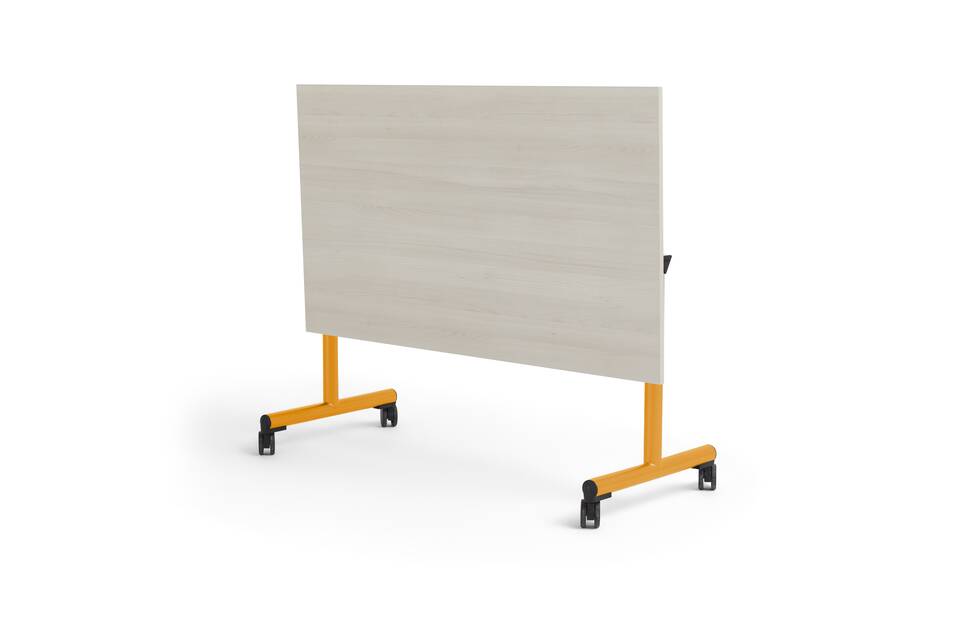 Grow Fold Ahrend Grow Fold folding table with yellow frame and light beech tabletop folded front right view