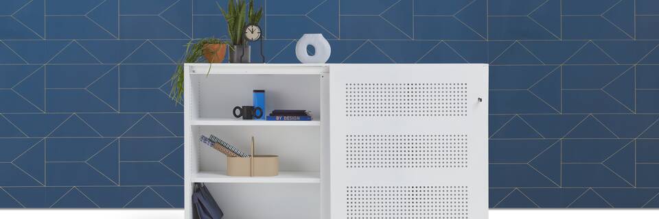 Gispen SDK sliding door cabinet mid in white with square perforation and left door open styled with backpanel front view