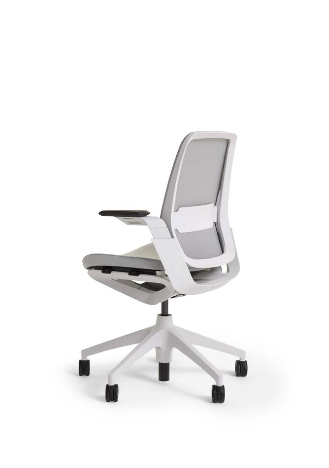 Ahrend Remode office chair in grey with upholstered seat and netweave back with lumbar support right rear view
