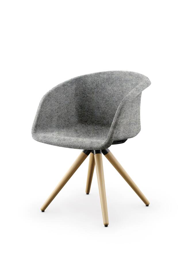 Well Armchair Royal Ahrend Well Armchair with wooden trestle base and light grey shell front right view