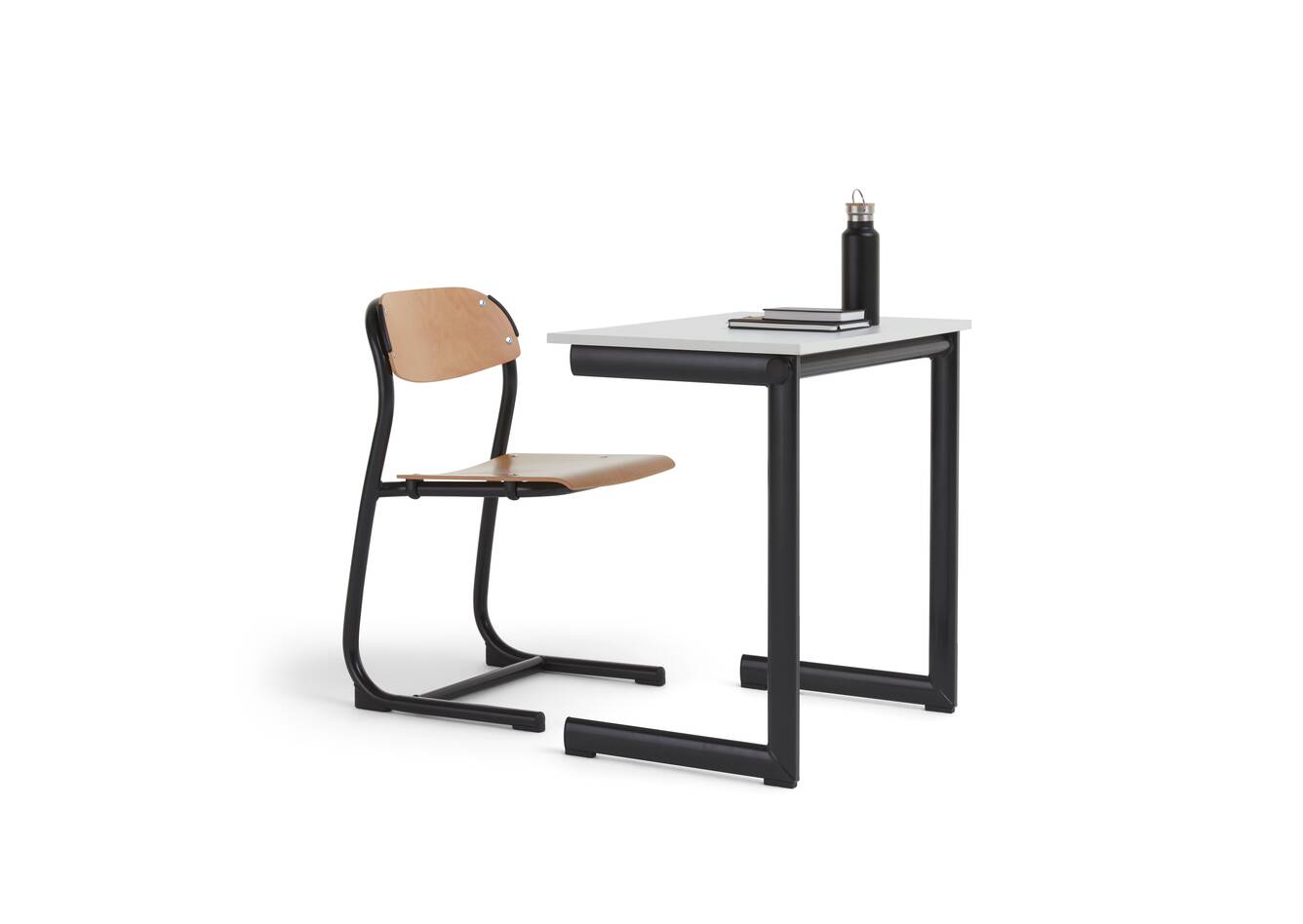 Grow Vintage, Grow Comfort Ahrend Grow Vintage and Comfort educational chair and table in birch and black with white tabletop front and rear right view