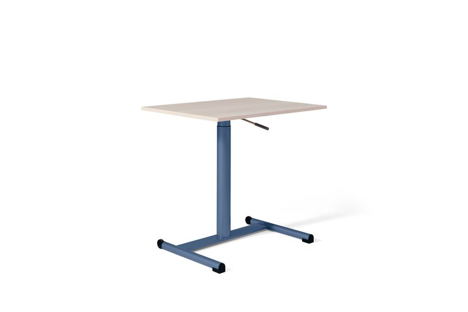Gispen EDUU Move desk in blue with oak tabletop front left view