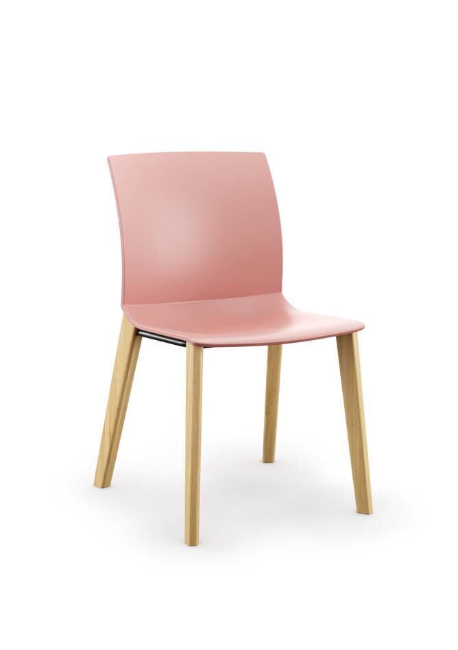 Well Royal Ahrend Well chair with wooden 4 leg base and pink shell front left view