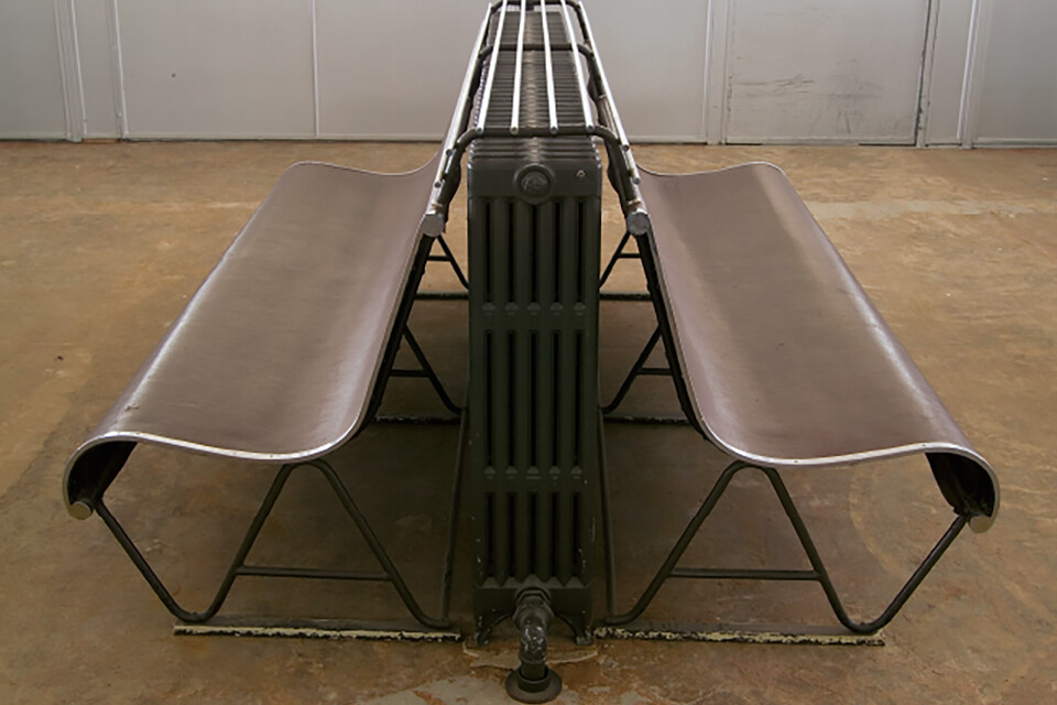 Gispen special double bench for over radiator at Van Nelle Factory in Rotterdam left side view