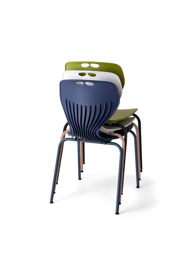 Gispen EDUU Classic Flex educational chair with black pink and blue frame and blue white and green shells stacked left rear view