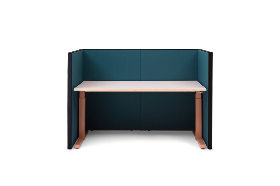 Gispen SEPP Acoustic screen with black frame and upholstered in turquoise with TMNL workstation in brown front view
