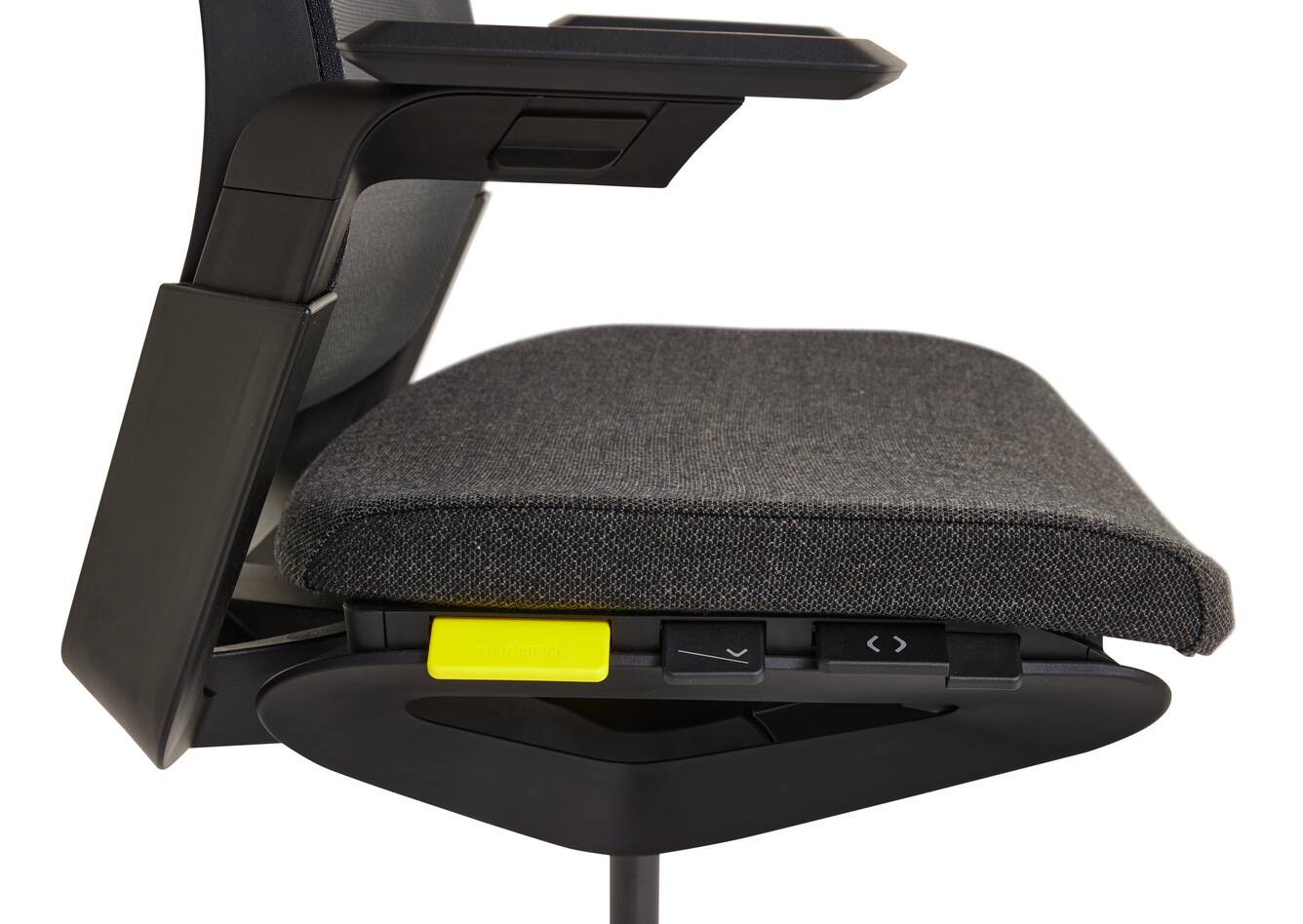 Ahrend Remode office chair in black with upholstered seat and netweave back left side detail view
