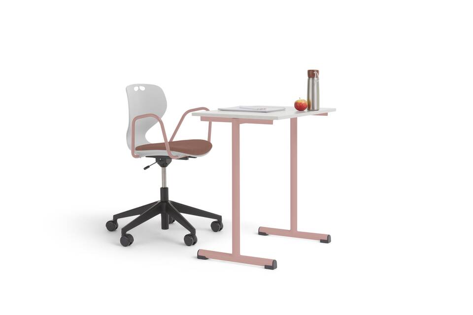 Grow Work Ahrend Grow Work educational chair and table in pink with light beech tabletop styled front and rear right view