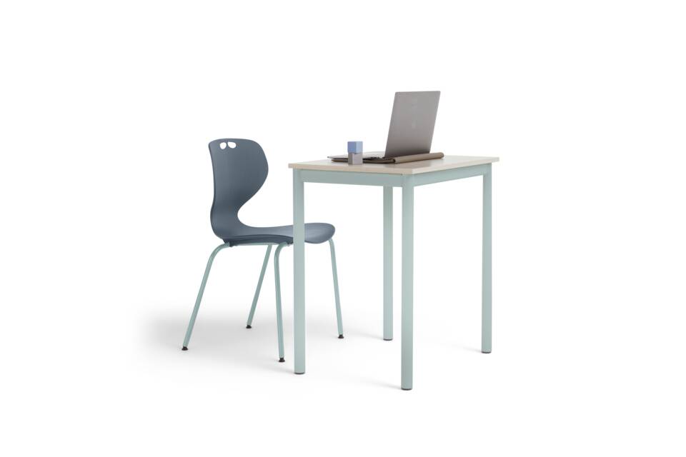 Grow Classic Ahrend Grow Classic educational chair and table in light blue and blue with light beech tabletop front and rear right view