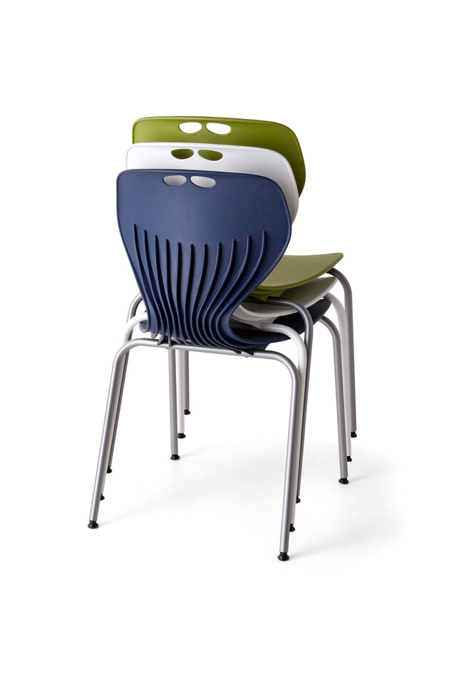 450 Royal Ahrend 450 4K educational chair with blue white and green shells stacked left rear view