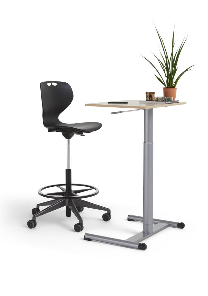 Grow Work High, Grow Move Ahrend Grow Work High and Move educational chair and table in black and grey with oak tabletop styled front and rear right view