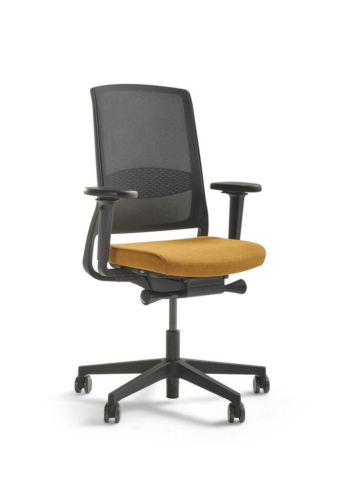 Gispen ZINN office chair in black with black base and orange upholstered seat and black back front left view