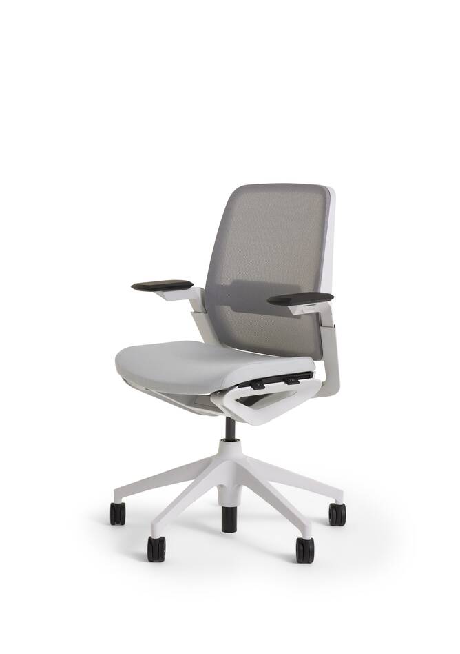 Ahrend Remode office chair in grey with upholstered seat and netweave back with lumbar support front right view