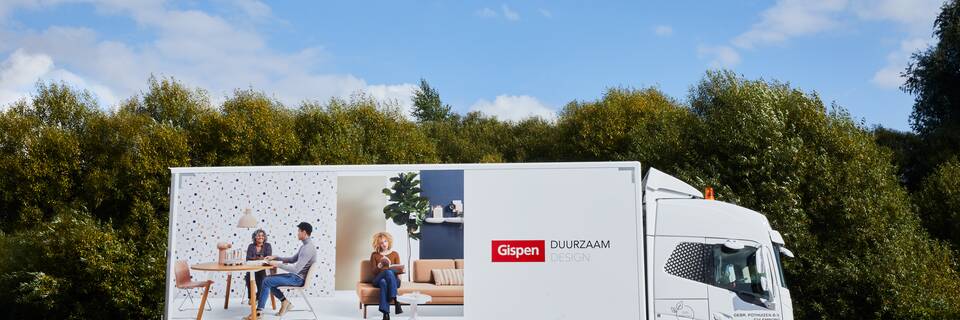 Gispen truck in white with Nomi visuals and logo with payoff right side view