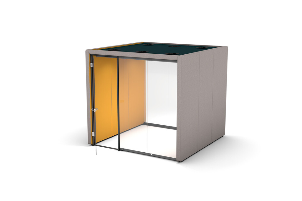 Gispen MOXX space in space 3 by 3 panels upholstered in grey and yellow with swivel door and glass on both sides front right view