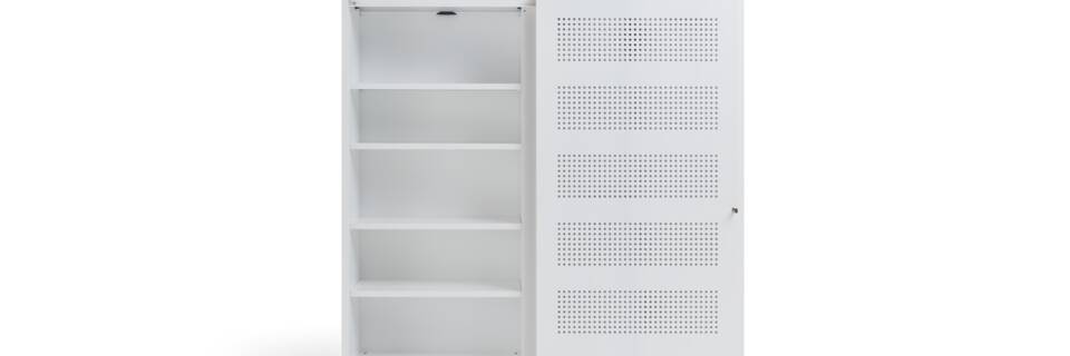 Gispen SDK sliding door cabinet high in white with square perforation and left door open front view