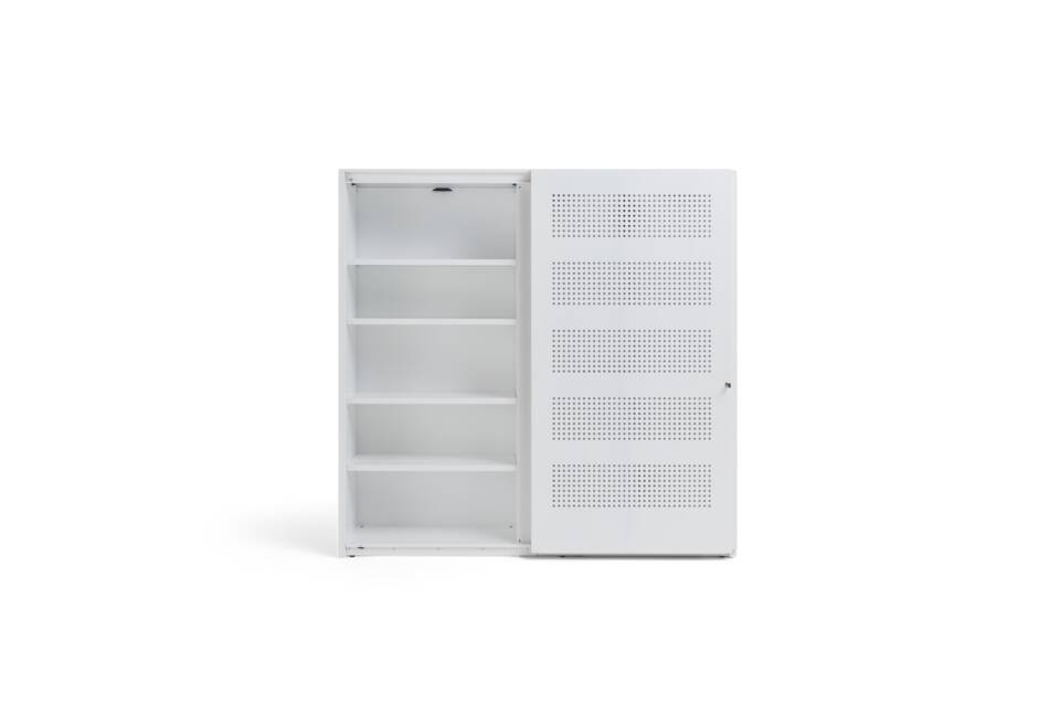Gispen SDK sliding door cabinet high in white with square perforation and left door open front view