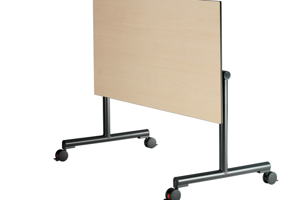 450 Royal Ahrend 450 folding table in black on castors with folded oak tabletop front right view