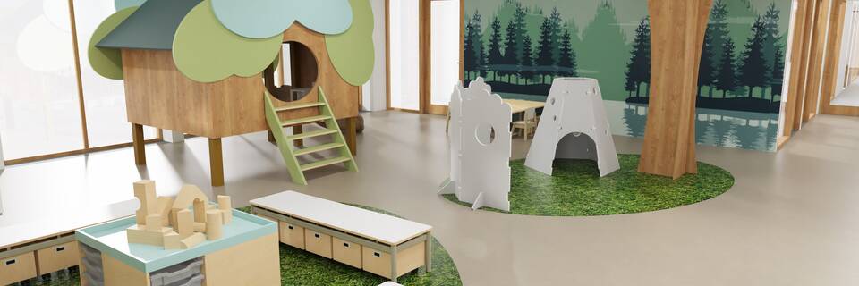 Presikhaaf Schoolmeubelen Woodi render leerplein