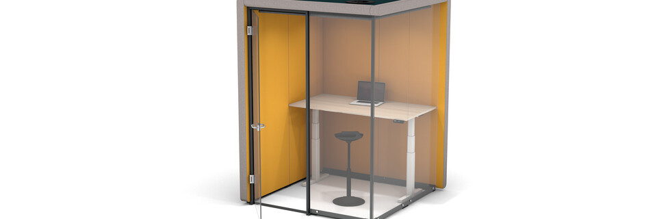 Gispen MOXX space in space 2 by 2 panels upholstered in grey and yellow with swivel door and white TMNL desk in stand position front right view