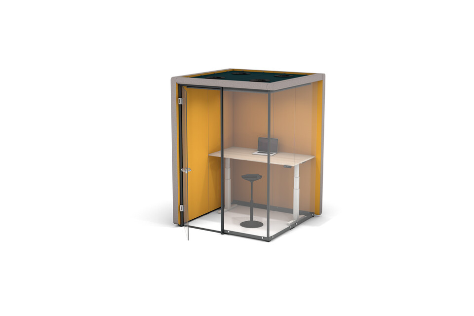 Gispen MOXX space in space 2 by 2 panels upholstered in grey and yellow with swivel door and white TMNL desk in stand position front right view