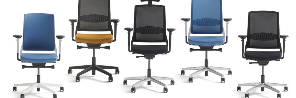 Gispen ZINN office chairs in blue orange and black front views