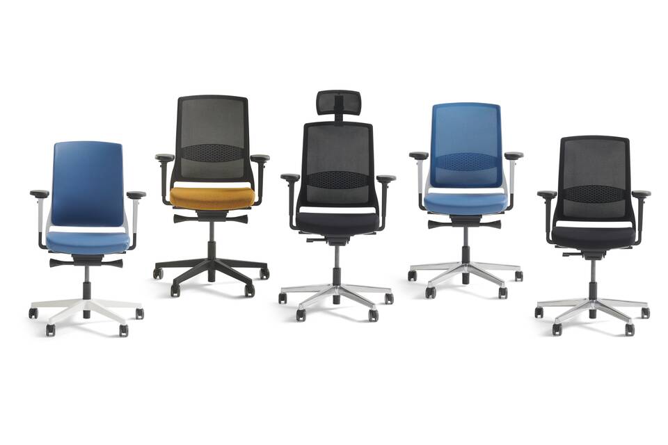 Gispen ZINN office chairs in blue orange and black front views