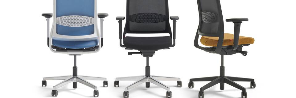 Gispen ZINN office chairs in blue black and orange rear and front and rear left view