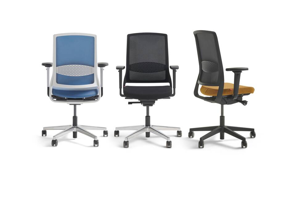Gispen ZINN office chairs in blue black and orange rear and front and rear left view