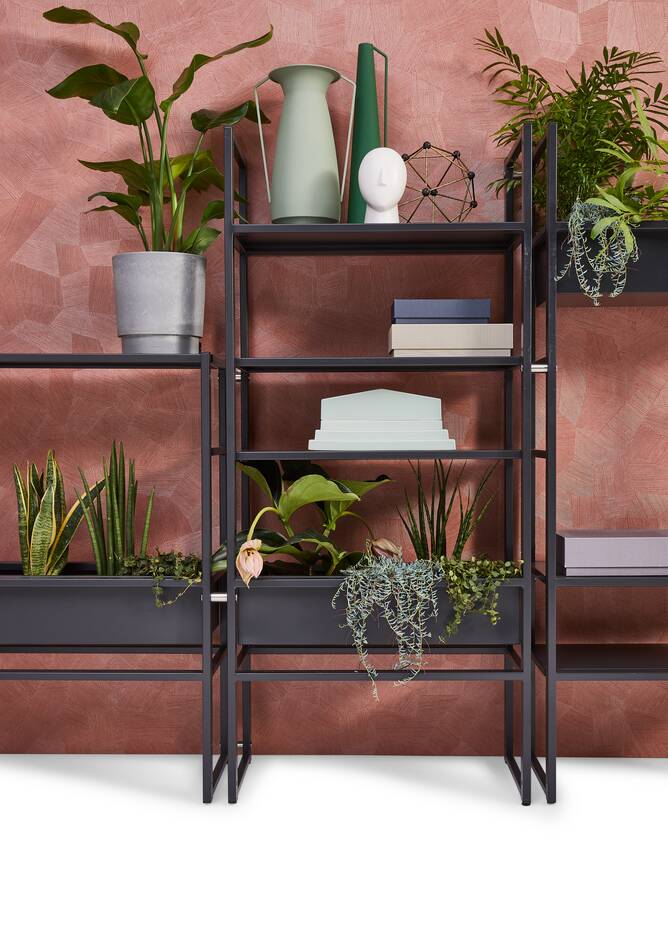 Gispen CIMO shelving unit in black with plants in front of backpanel front view