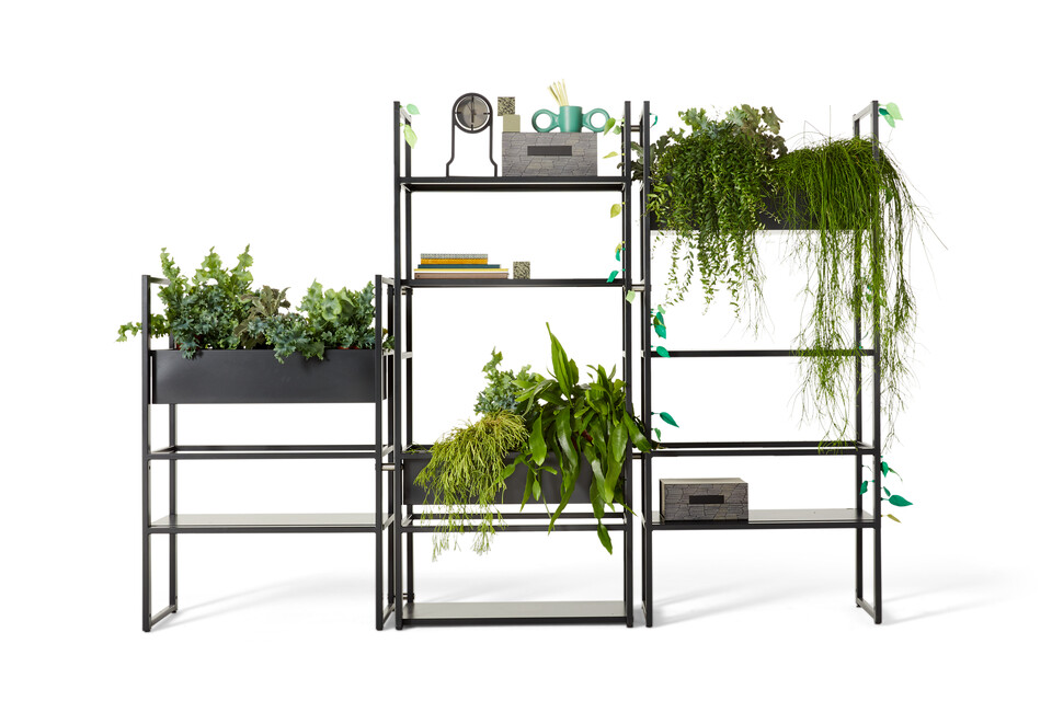 Gispen CIMO shelving unit in black with planters and plants and Outline clock and green Dombo cup front view