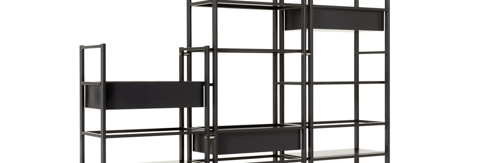 Gispen CIMO shelving unit in black with planters front left view