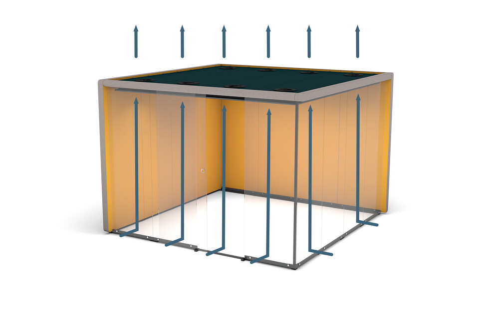 Gispen MOXX space in space 4 by 4 panels ventilation upholstered in grey and yellow with sliding door front right view