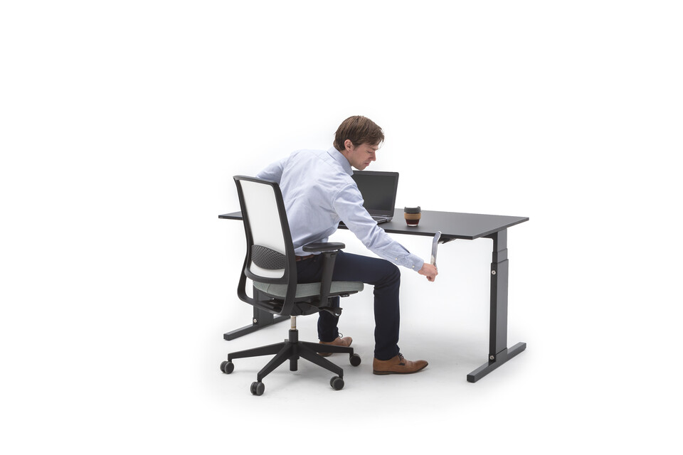 Gispen Cimo mono table with black frame and tabletop with Zinn office chair animation still step 017 front right view