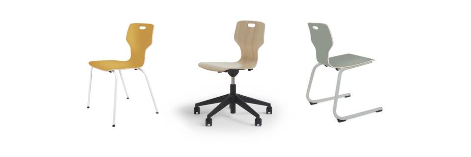 Gispen EDUU Wood educational chairs in orange wood and green