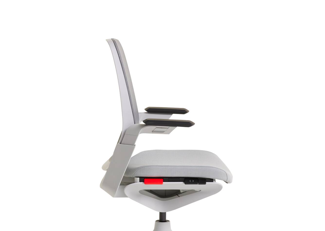 Ahrend Remode office chair in grey with upholstered seat and netweave back with lumbar support left side view